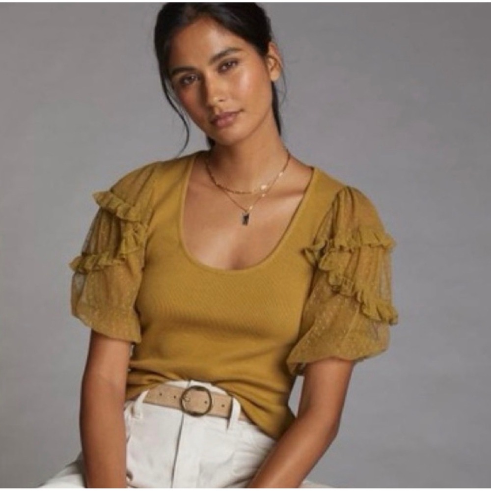 Maeve Anthropologie Mustard Yellow Rib Knit Ruffle Mesh Puff Sleeve Top Medium